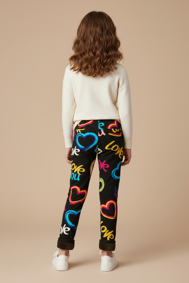 Pantalon Noir Imprimé Cœurs Colorés Fille Hiver - Molleton - vue 2