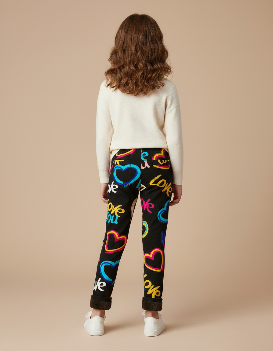 Pantalon Noir Imprimé Cœurs Colorés Fille Hiver - Molleton - vue 2