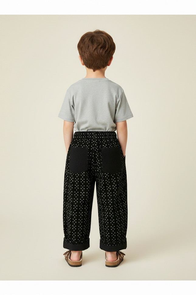 Pantalon Noir Ample Motif Patchs Genoux Enfant - Cordé - vue 2
