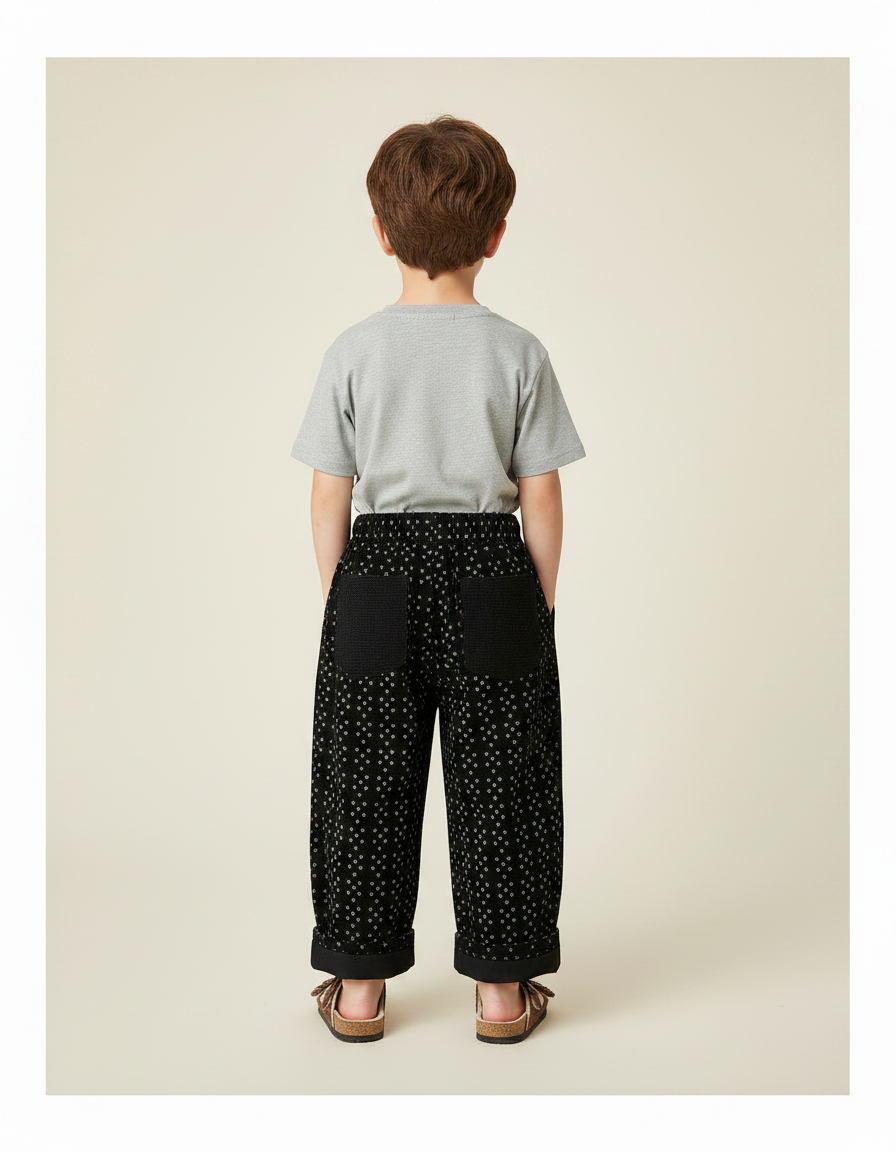 Pantalon Noir Ample Motif Patchs Genoux Enfant - Cordé - vue 2