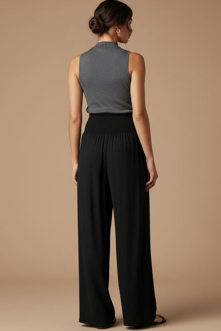 Pantalon Noir Ample Fluide Taille Haute Élégant Décontracté - Viscose - vue 2