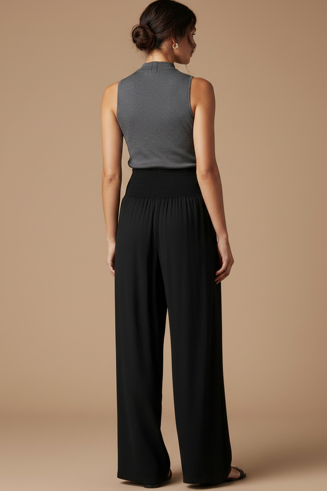 Pantalon Noir Ample Fluide Taille Haute Élégant Décontracté - Viscose - vue 2