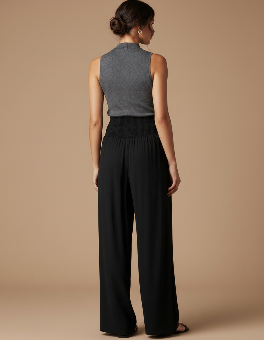 Pantalon Noir Ample Fluide Taille Haute Élégant Décontracté - Viscose - vue 2