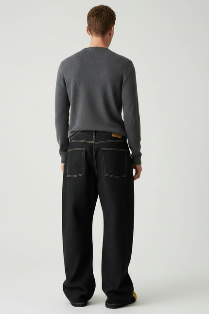 Pantalon Noir Brodé Ample Décontracté Homme - Jean - vue 2