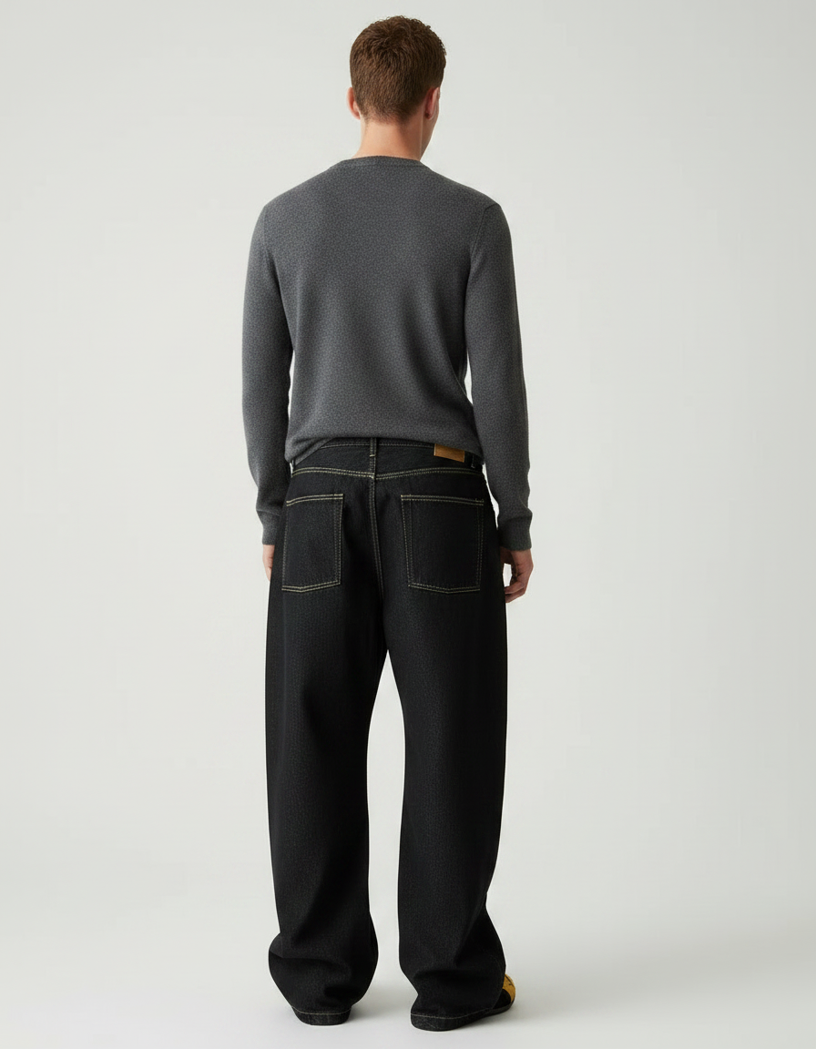 Pantalon Noir Brodé Ample Décontracté Homme - Jean - vue 2