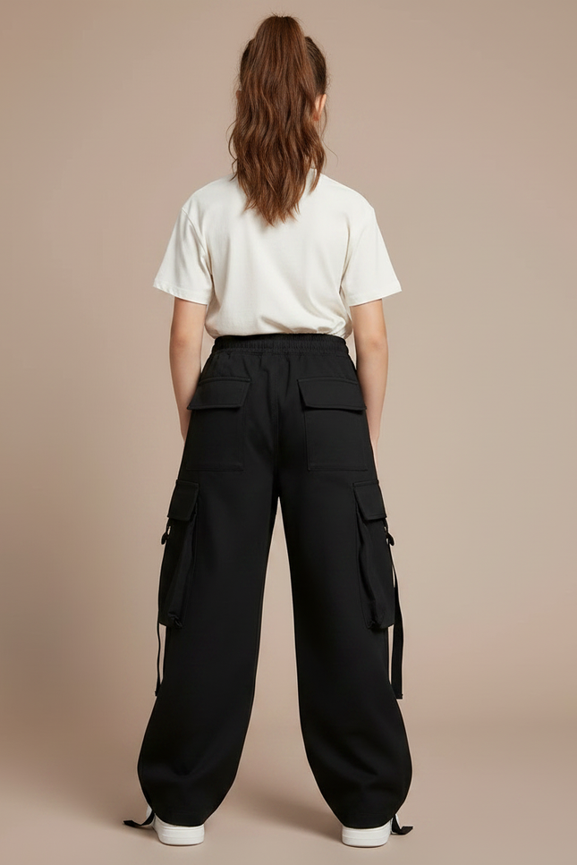 Pantalon Noir Cargo Ample Décontracté Fille Cordon - Polyester - vue 2