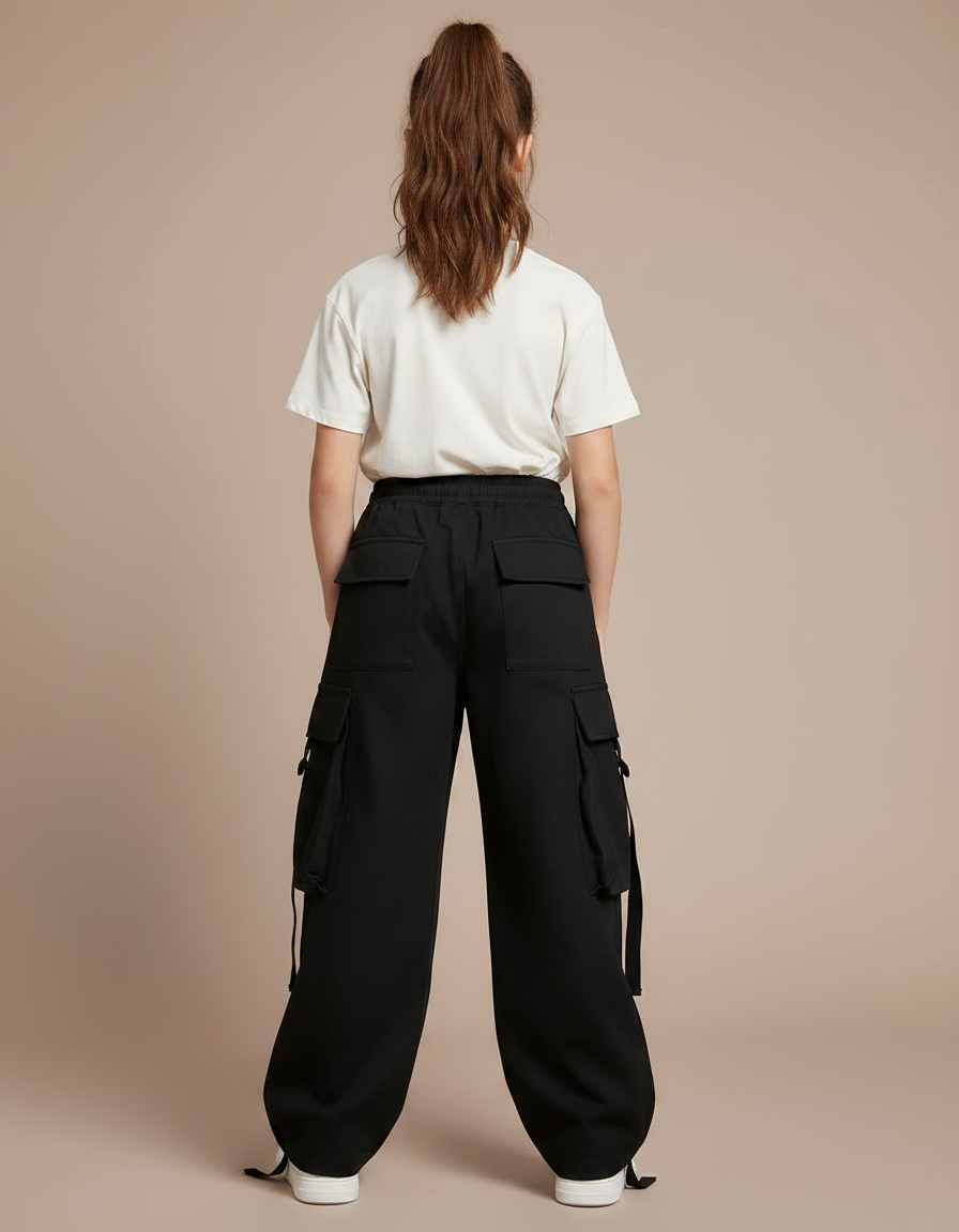 Pantalon Noir Cargo Ample Décontracté Fille Cordon - Polyester - vue 2