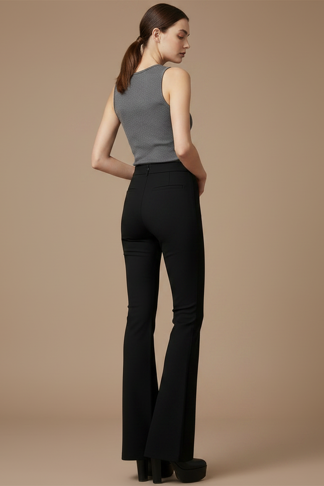 Pantalon Noir Ajusté Jambes Évasées Élégant Femme - Polyester - vue 2