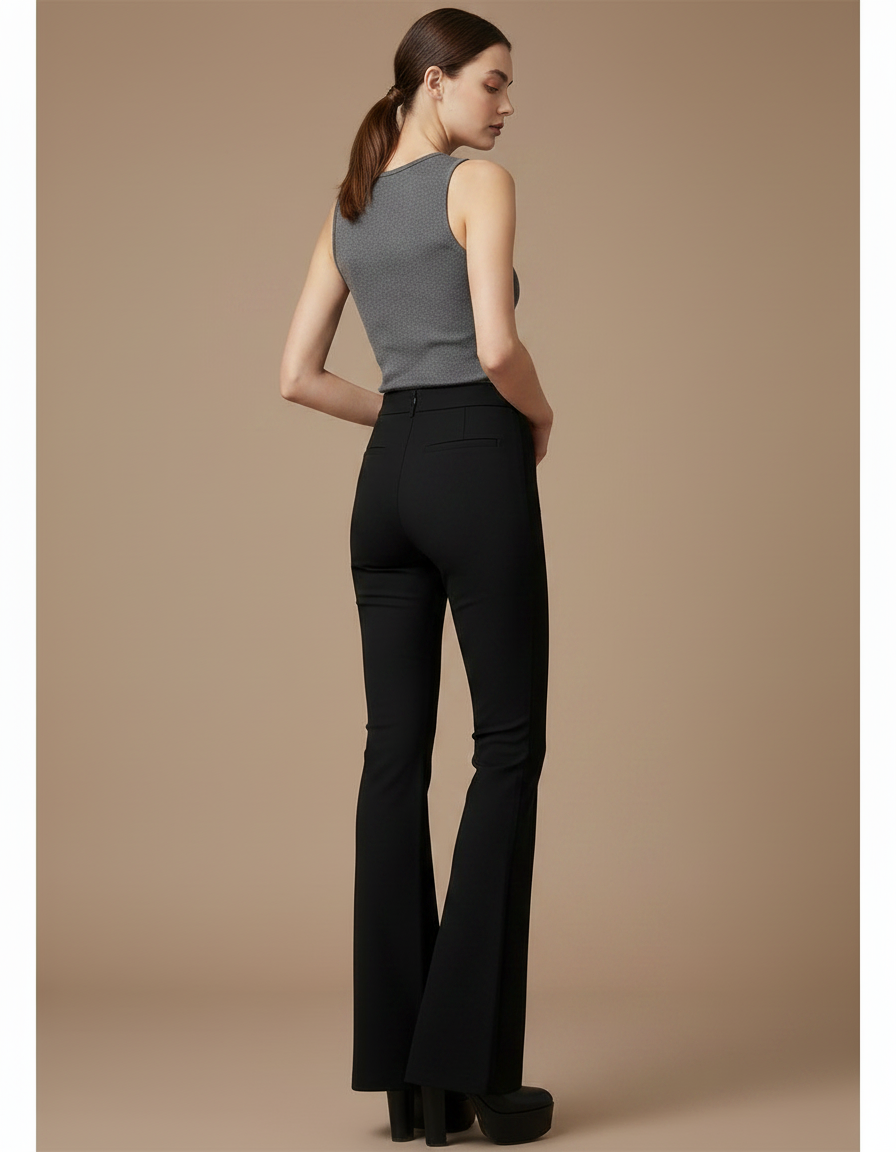 Pantalon Noir Ajusté Jambes Évasées Élégant Femme - Polyester - vue 2