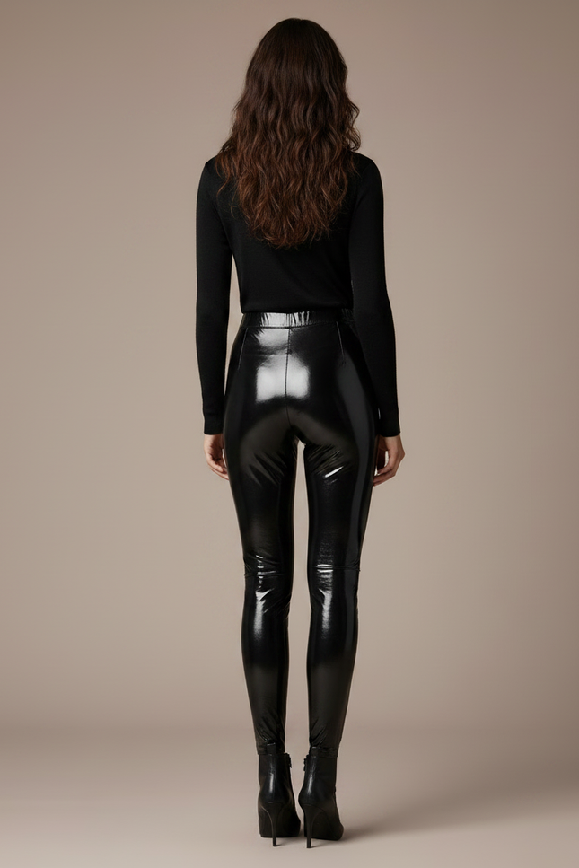 Pantalon Noir Brillant Similicuir Taille Haute Moulant - Simili cuir - vue 2