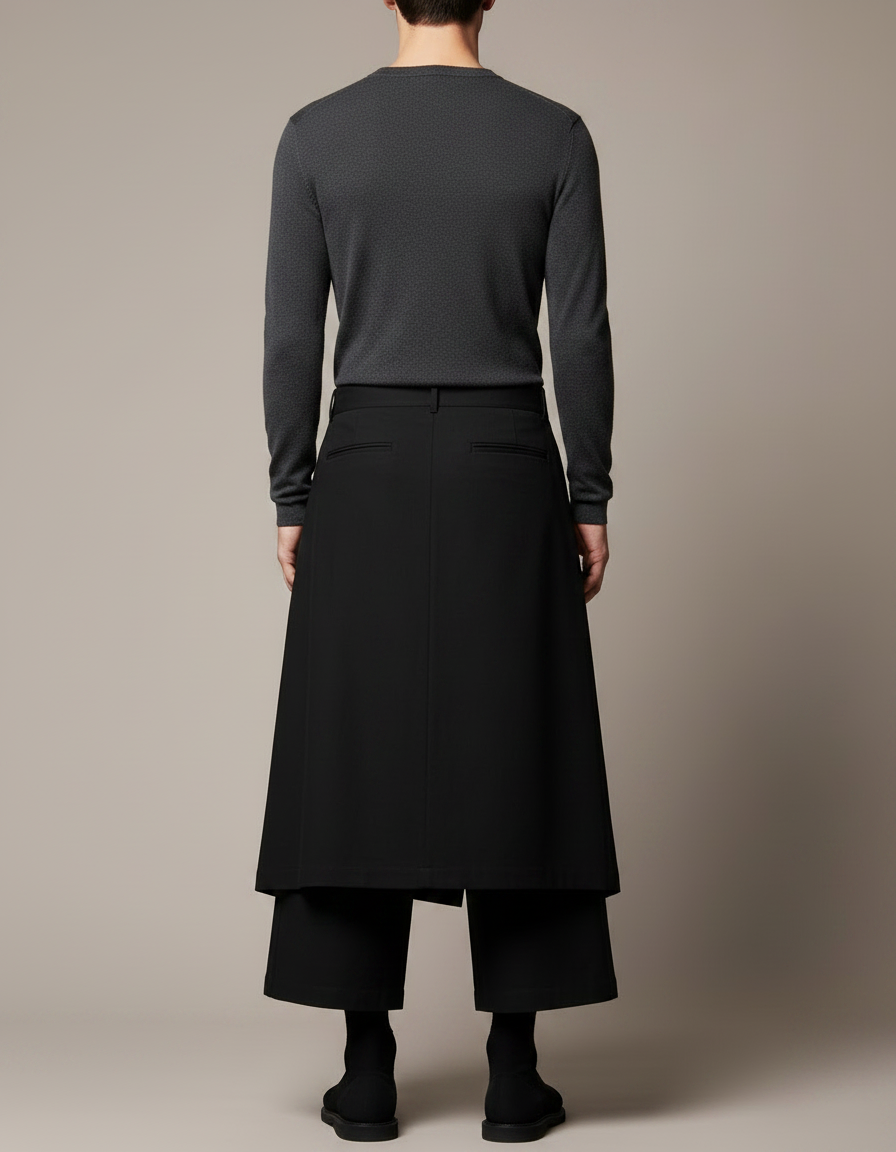 Pantalon Noir Jupe-culotte Superposée Ample Décontracté Homme - Polyester - vue 2