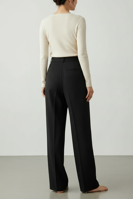 Pantalon Noir Plissé Ample Taille Haute Élégant - Polyester - vue 2