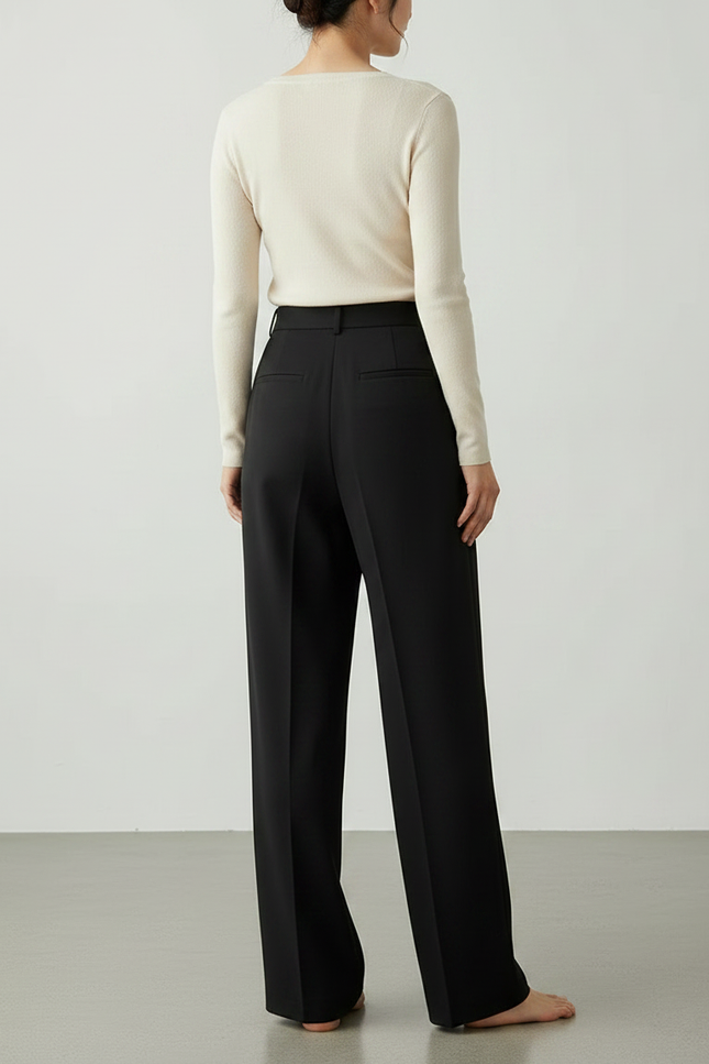 Pantalon Noir Plissé Ample Taille Haute Élégant - Polyester - vue 2