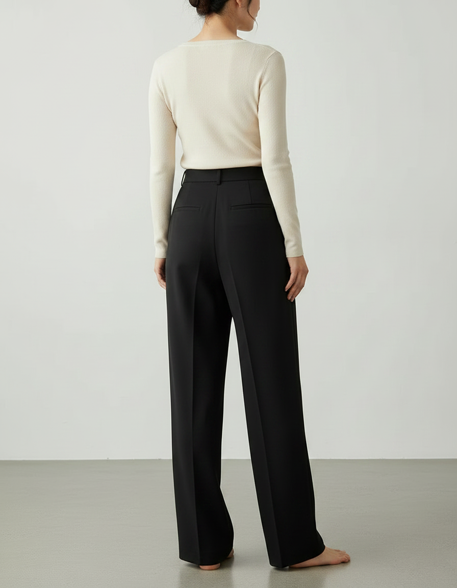 Pantalon Noir Plissé Ample Taille Haute Élégant - Polyester - vue 2