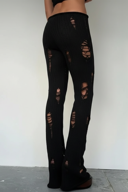 Pantalon Noir Tricot Distressed Stretch Skinny Femme - Maille