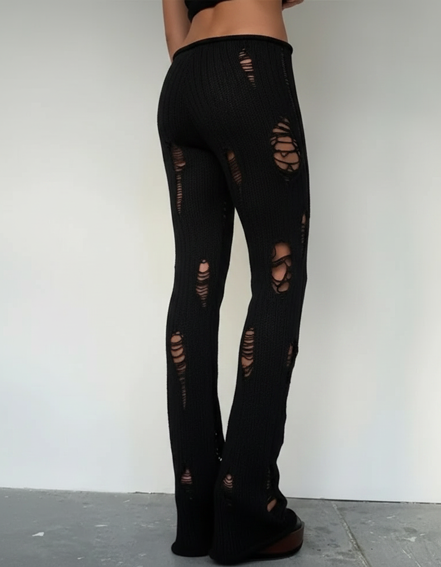 Pantalon Noir Tricot Distressed Stretch Skinny Femme - Maille