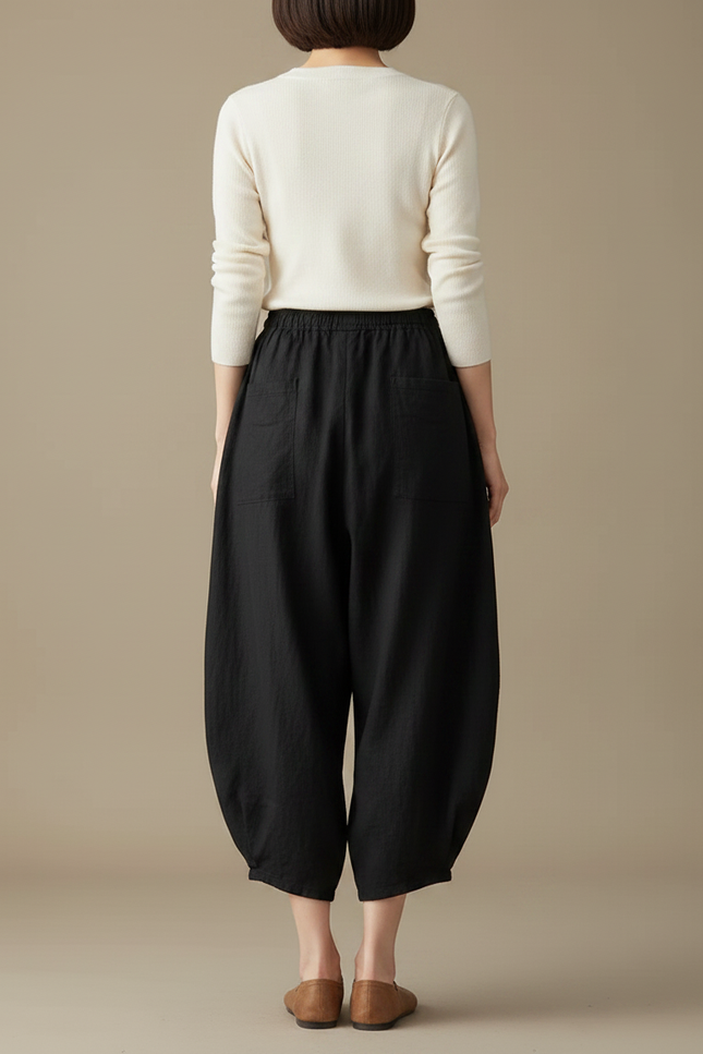 Pantalon Noir Lin Ample Carotte Décontracté Femme - vue 2