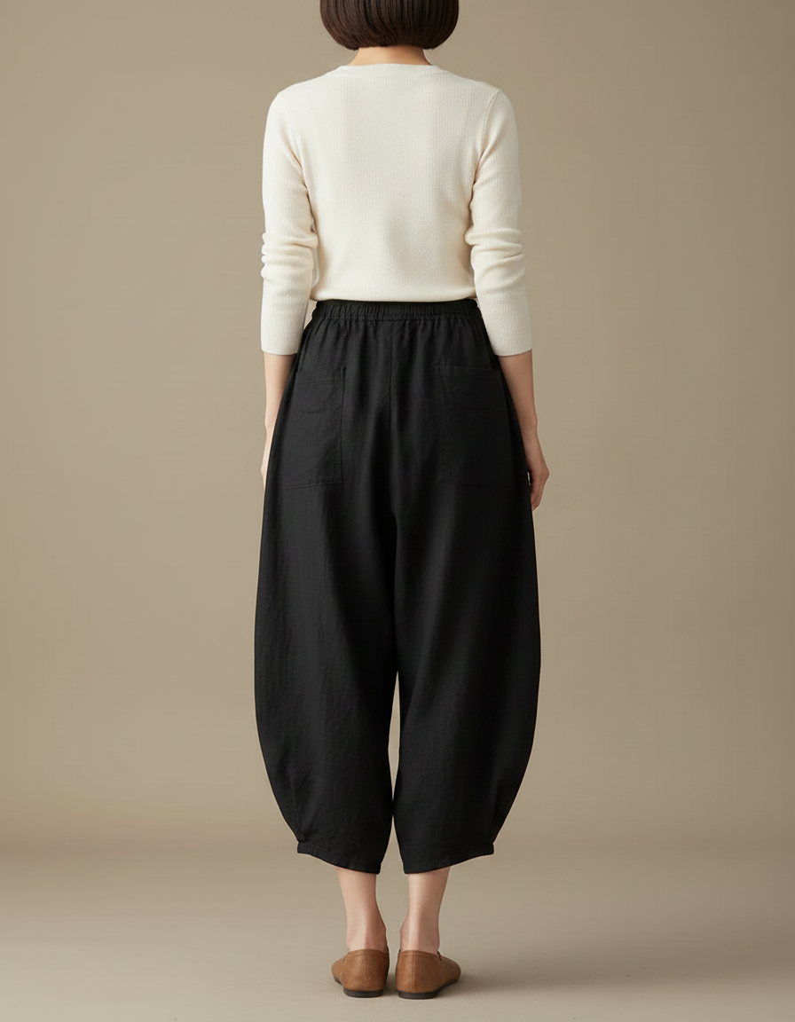 Pantalon Noir Lin Ample Carotte Décontracté Femme - vue 2
