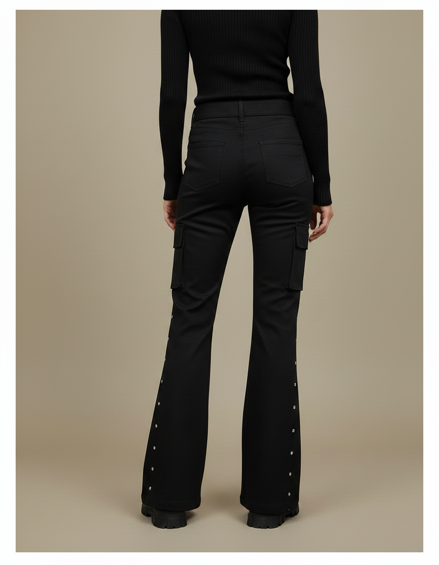Pantalon Noir Évasé Rivets Cargo Taille Haute - Gabardine - vue 2