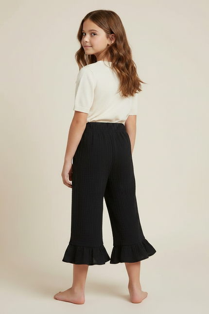 Pantalon Noir Volants Plissé Ample Fille Coton - vue 2