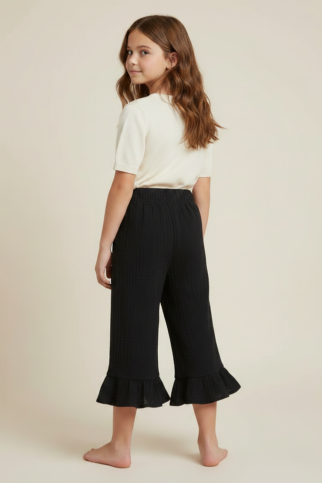 Pantalon Noir Volants Plissé Ample Fille Coton - vue 2
