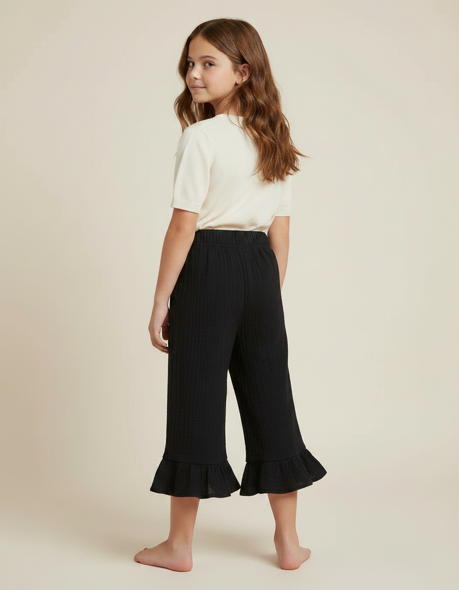 Pantalon Noir Volants Plissé Ample Fille Coton - vue 2