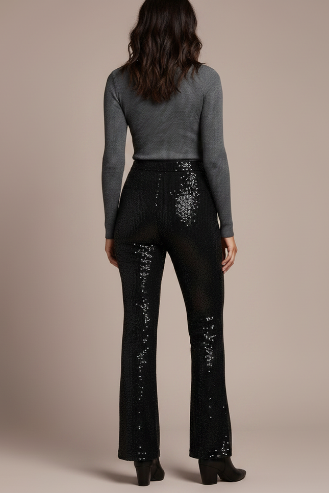 Pantalon Noir Paillettes Évasé Taille Haute Femme - Polyester - vue 2
