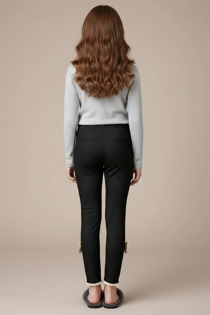 Pantalon Noir Fille Motif Discret Nœuds Cheville - Maille - vue 2