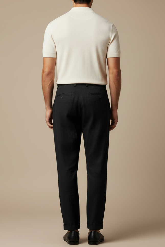 Pantalon Noir Plissé Ample Lin Homme Décontracté - vue 2