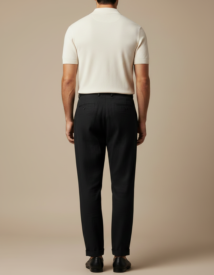 Pantalon Noir Plissé Ample Lin Homme Décontracté - vue 2