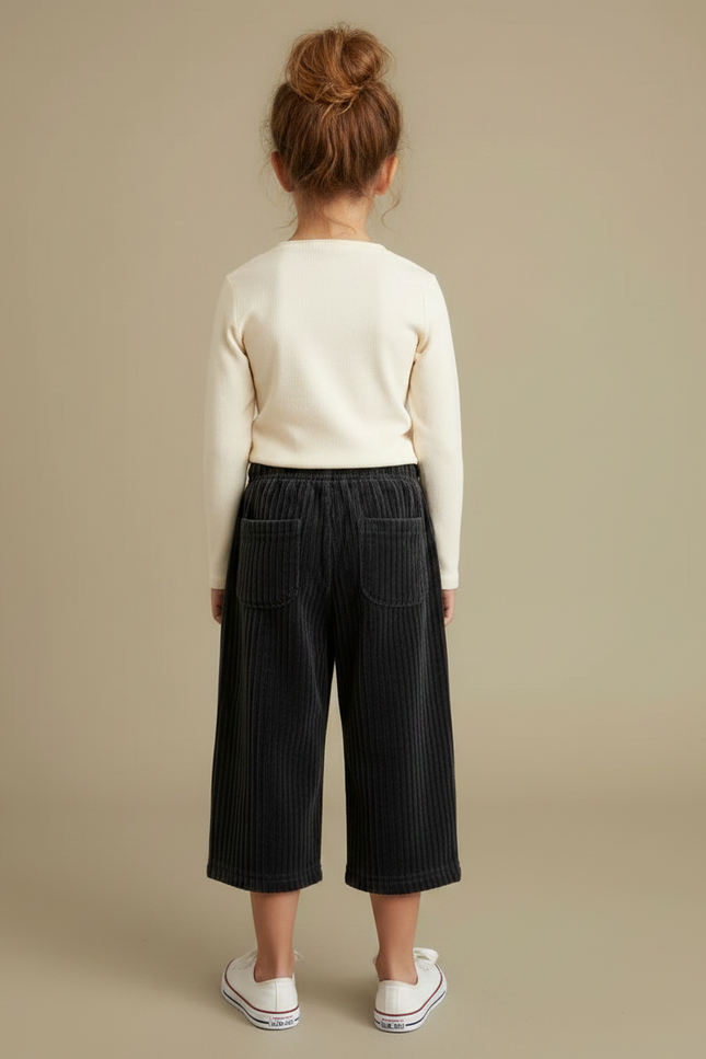 Pantalon Noir Côtelé Ample Décontracté Enfant Hiver - Cordé - vue 2