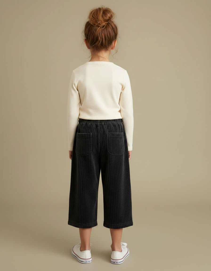 Pantalon Noir Côtelé Ample Décontracté Enfant Hiver - Cordé - vue 2