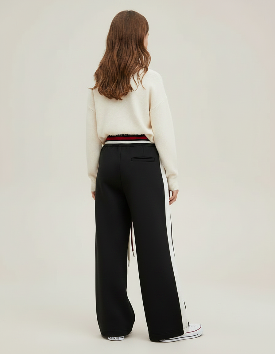 Pantalon Fluide Noir Avec Bande Blanche - Molleton - vue 2