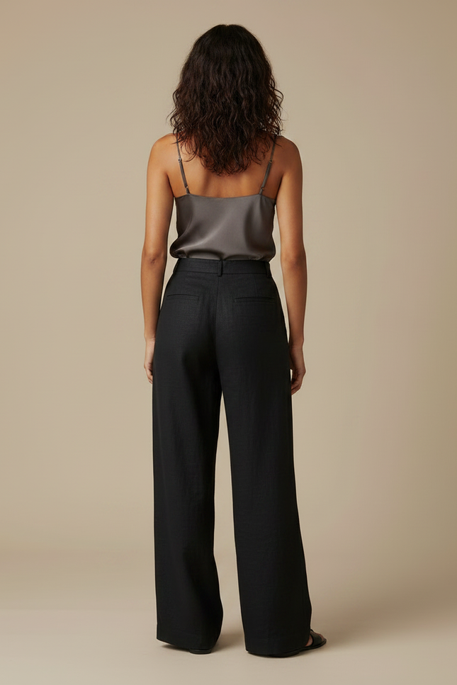 Pantalon Noir Fluide Lin Plissé Femme Chic - vue 2
