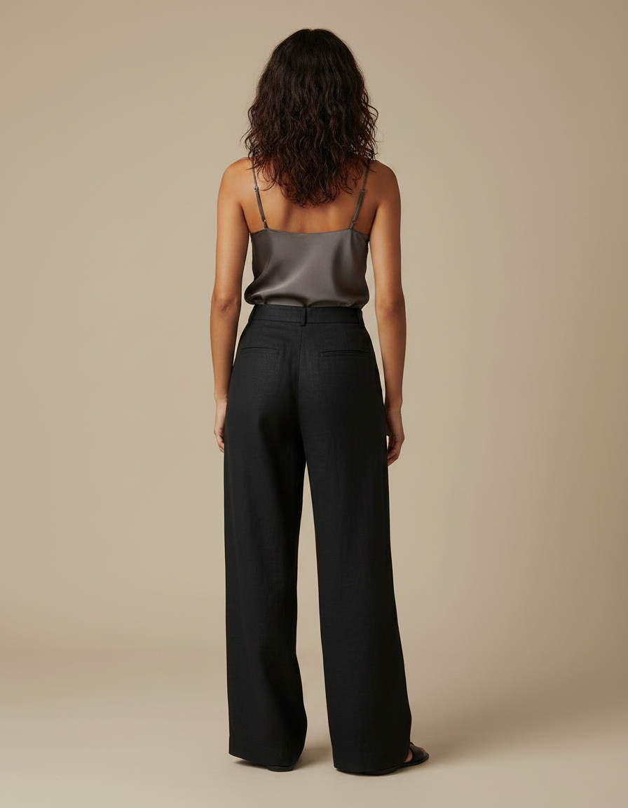 Pantalon Noir Fluide Lin Plissé Femme Chic - vue 2