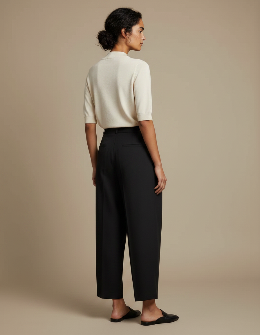 Pantalon Noir Ample Taille Haute Plissé Élégant - Polyester - vue 2