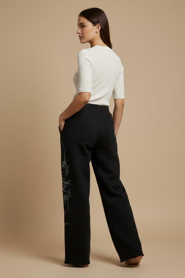 Pantalon Noir Ample Graffiti Tribal Streetwear Femme - Molleton - vue 2