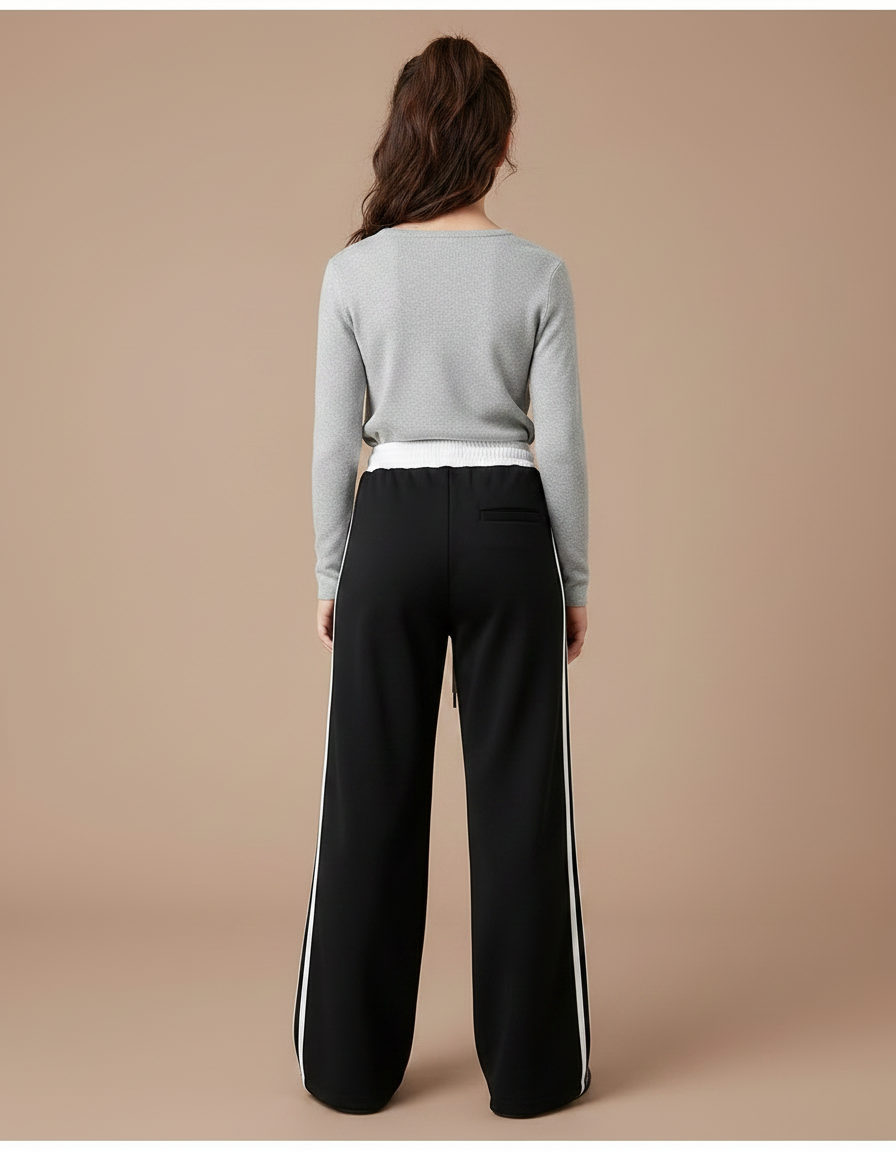 Pantalon Noir Large Bande Blanche Sport Fille - Molleton - vue 2