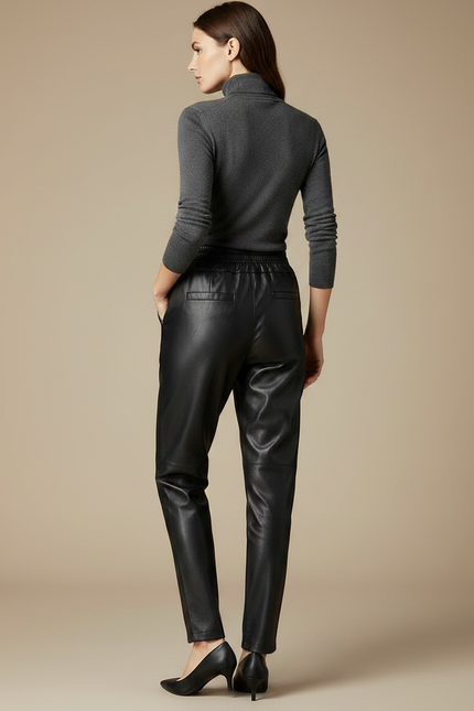 Pantalon Noir Similicuir Taille Élastique Droit Femme - Simili cuir - vue 2