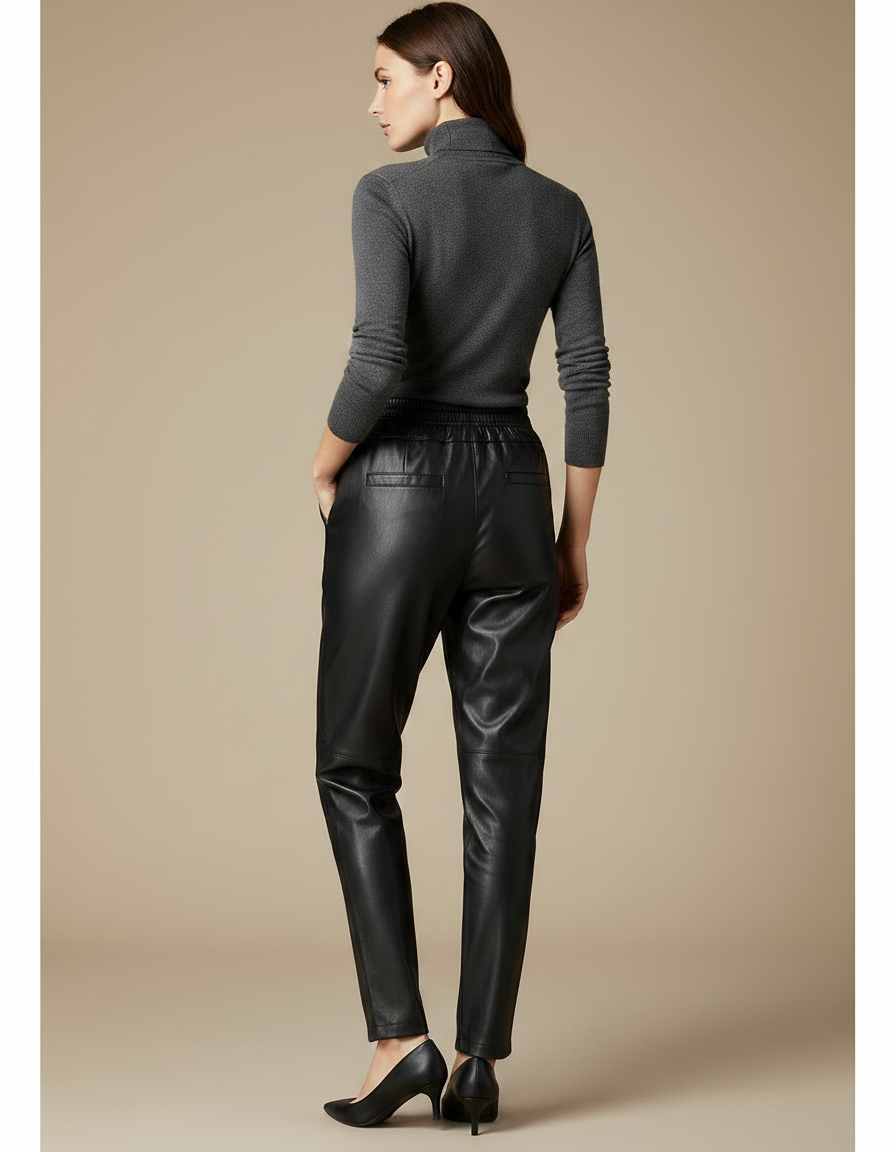 Pantalon Noir Similicuir Taille Élastique Droit Femme - Simili cuir - vue 2