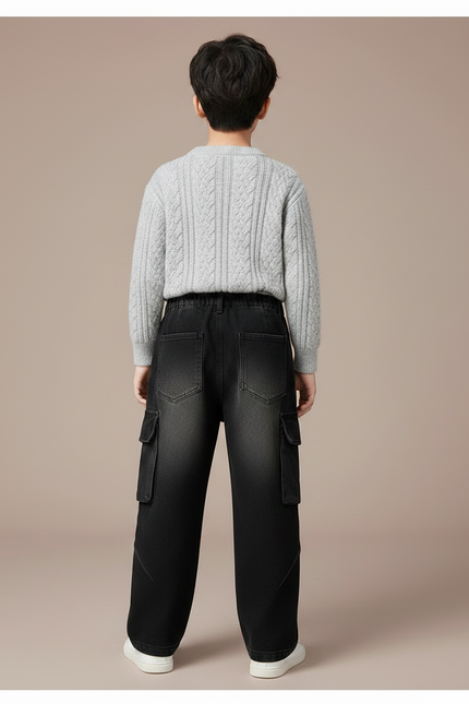 Pantalon Noir Cargo Ample En Jean Enfant - vue 2