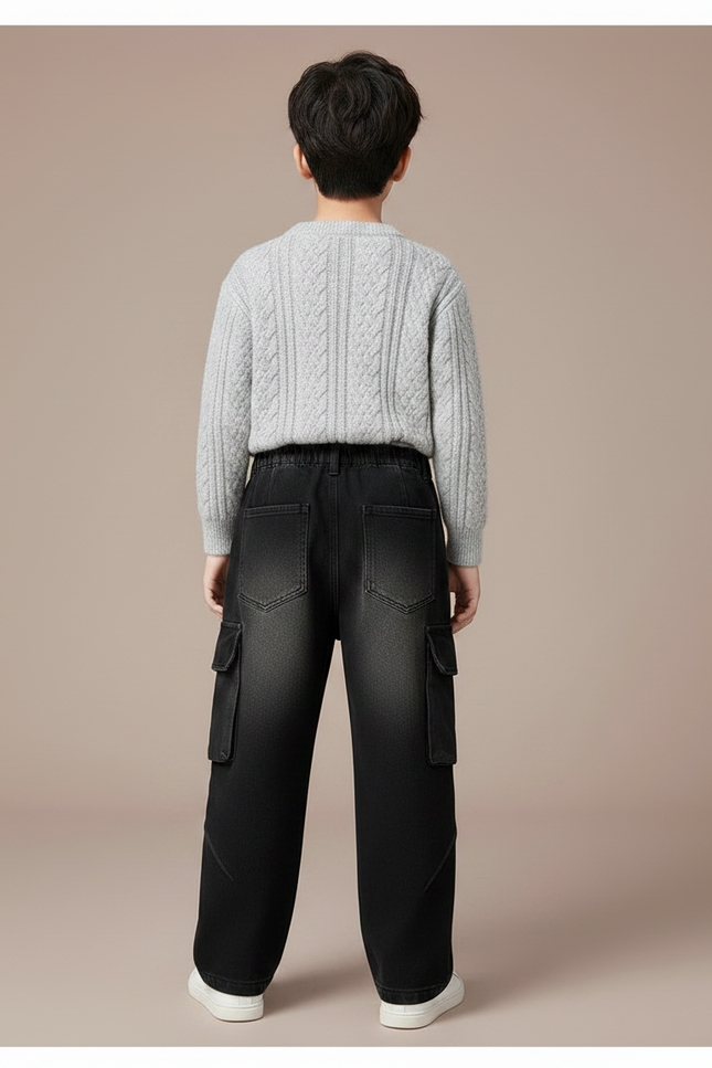 Pantalon Noir Cargo Ample En Jean Enfant - vue 2