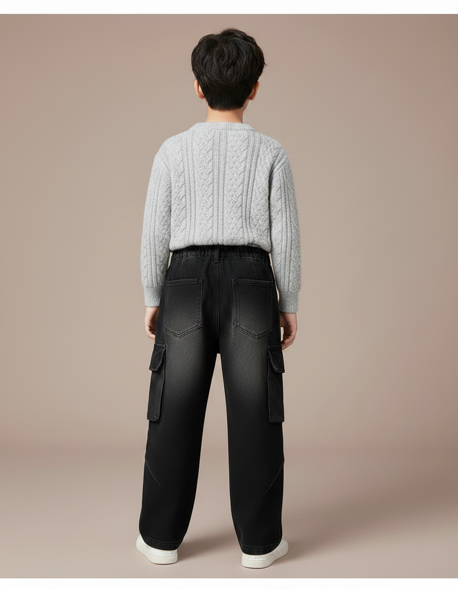 Pantalon Noir Cargo Ample En Jean Enfant - vue 2