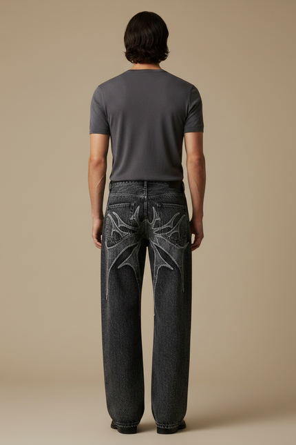 Pantalon Noir Ample Délavé Brodé Araignée Streetwear - Gris Jean - vue 2