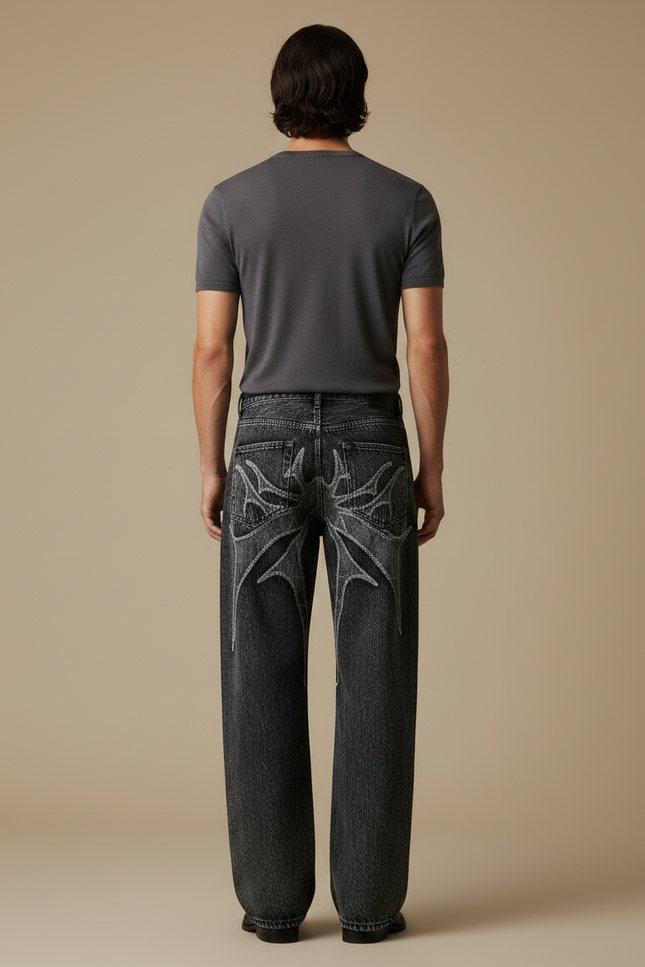Pantalon Noir Ample Délavé Brodé Araignée Streetwear - Gris Jean - vue 2