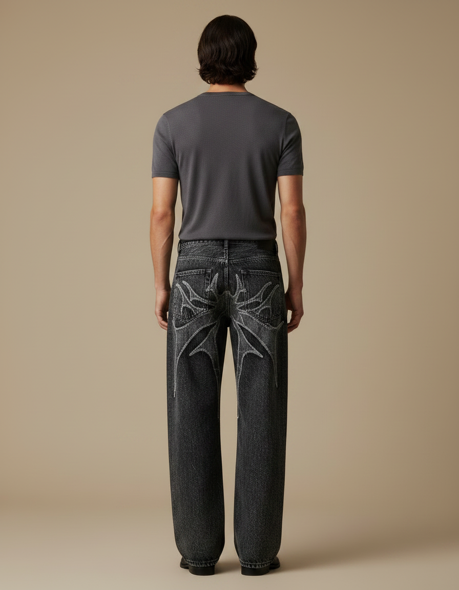 Pantalon Noir Ample Délavé Brodé Araignée Streetwear - Gris Jean - vue 2