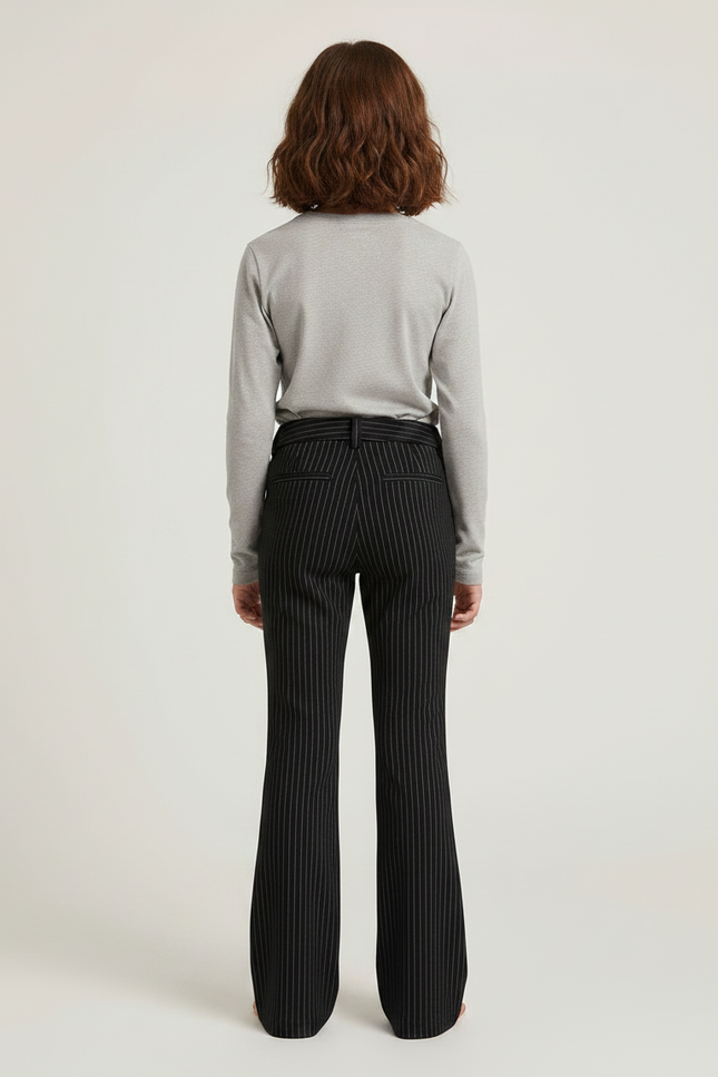 Pantalon Noir Rayé Évasé Ajusté Élégant Fille - Gabardine - vue 2