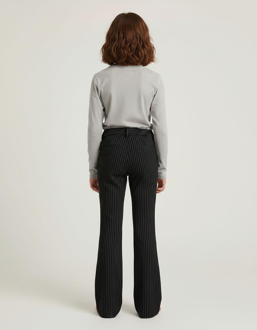 Pantalon Noir Rayé Évasé Ajusté Élégant Fille - Gabardine - vue 2