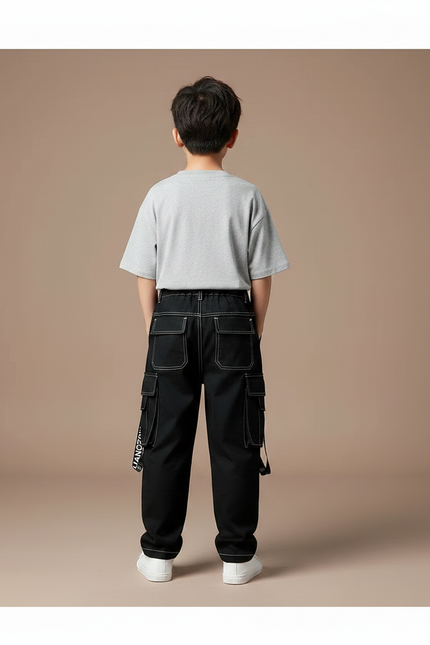 Pantalon Noir Cargo Garçon Surpiqûres Blanches Streetwear - Toile - vue 2