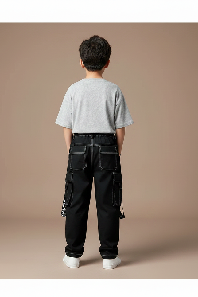 Pantalon Noir Cargo Garçon Surpiqûres Blanches Streetwear - Toile - vue 2